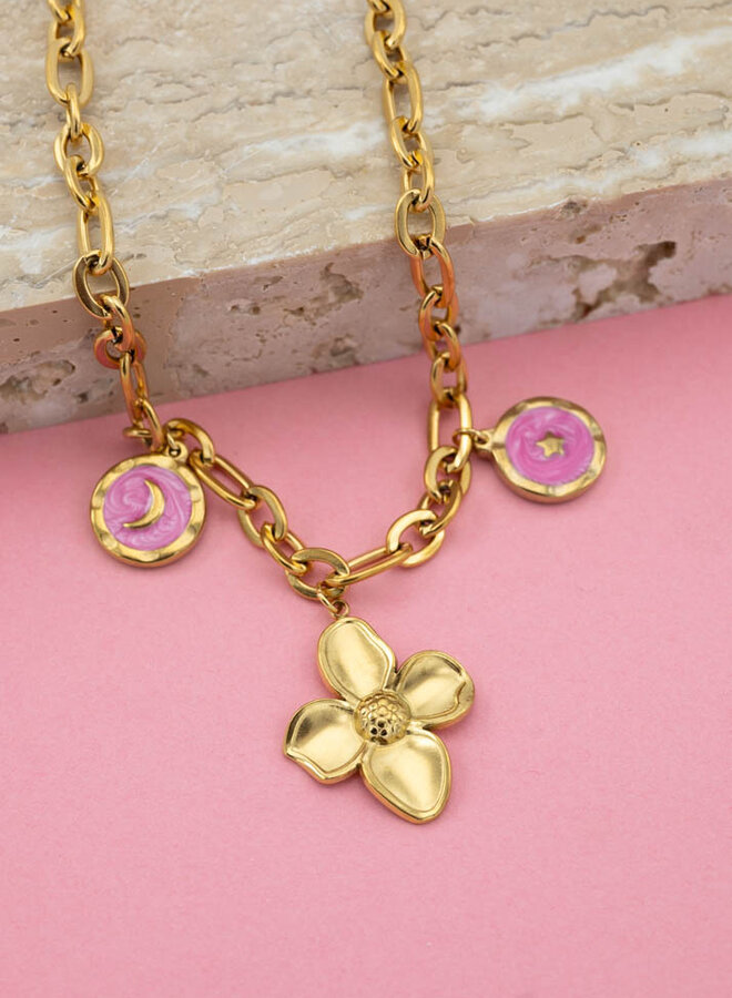 Bedelketting big flower pink