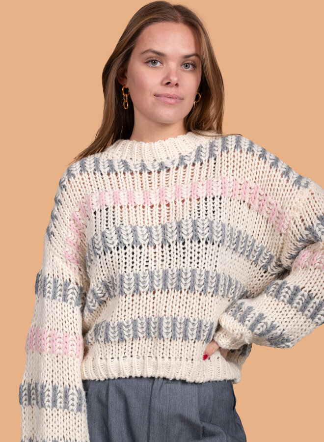 Gestreepte trui roze/grijs