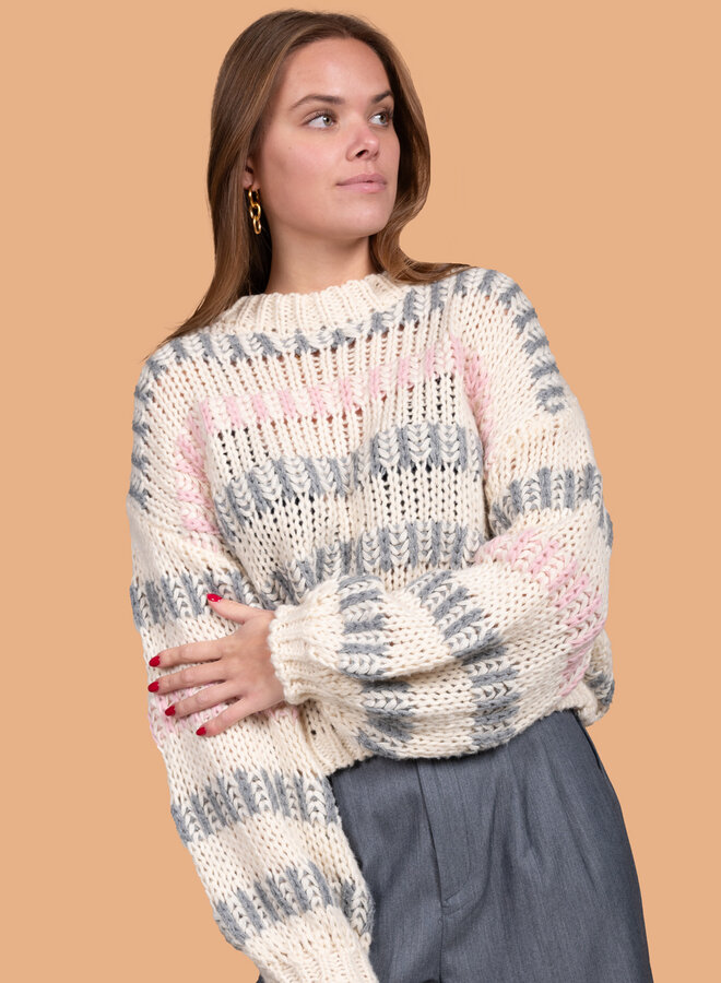 Gestreepte trui roze/grijs