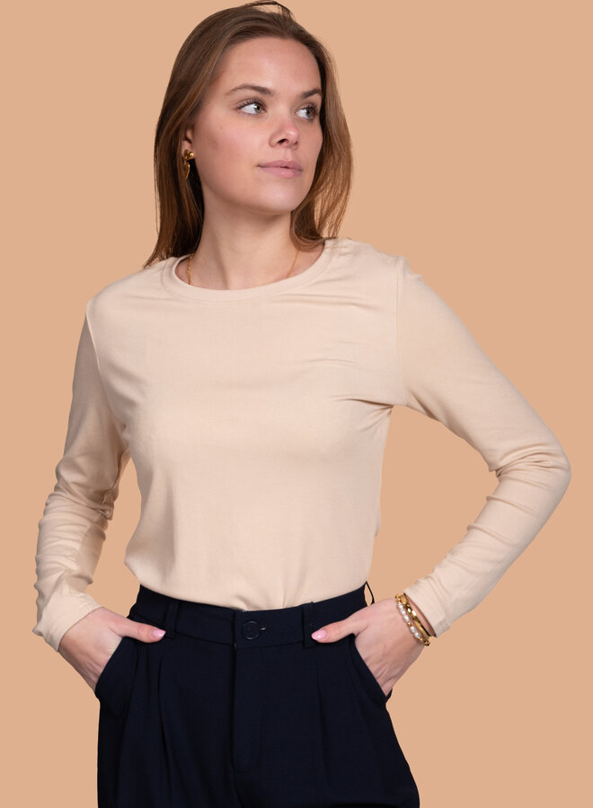 Stretch top ronde hals beige