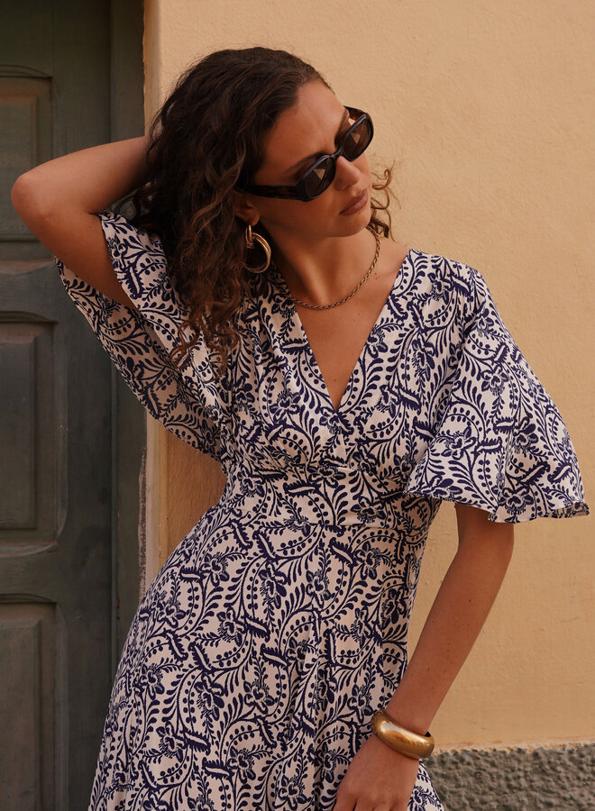 Delfs blauw wit jurk lang