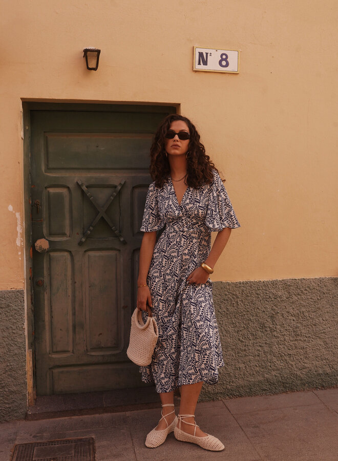 Delfs blauw wit jurk lang