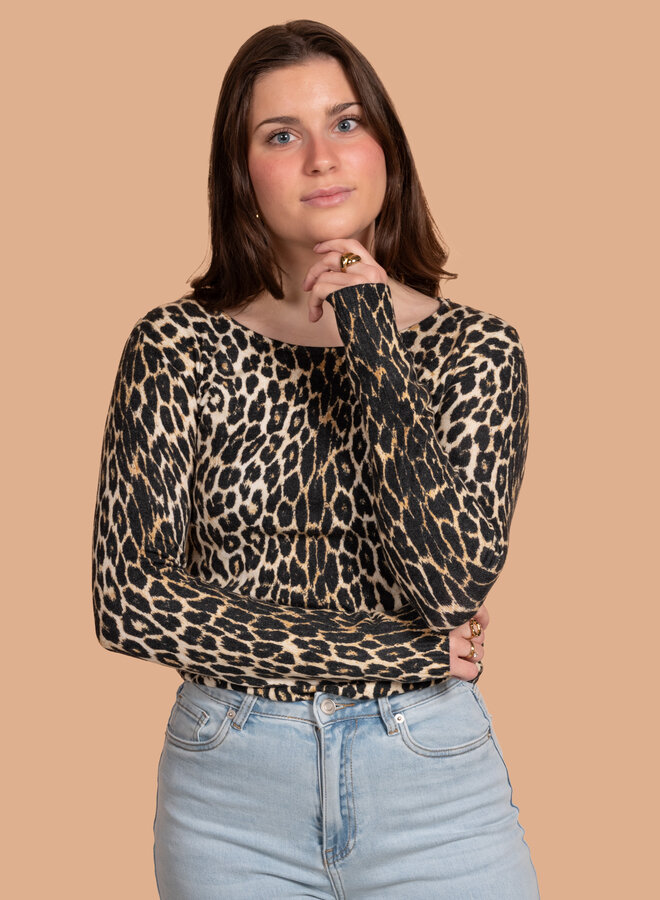 Basic top v hals luipaard camel