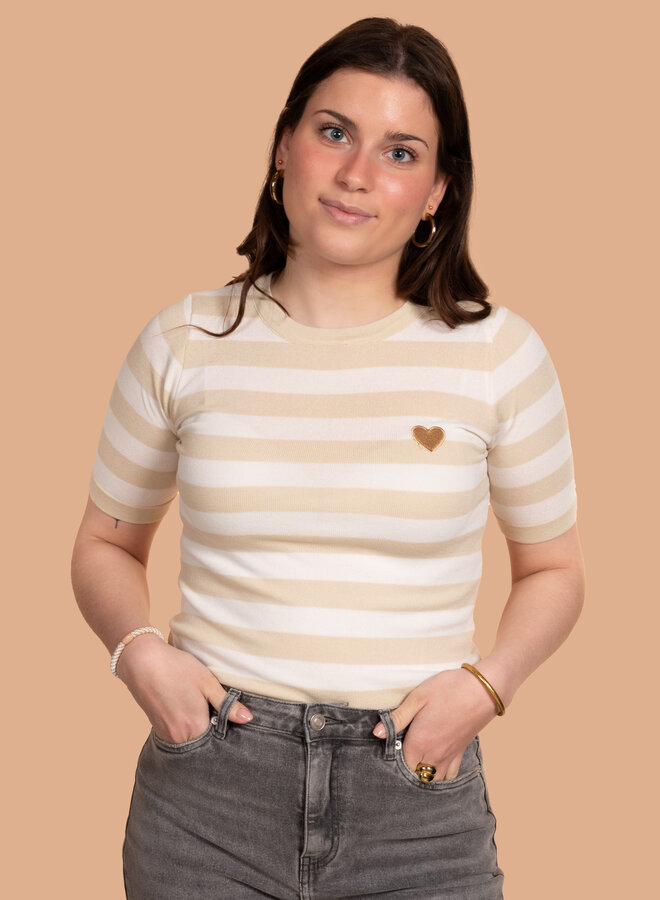 Gestreepte top hartje beige