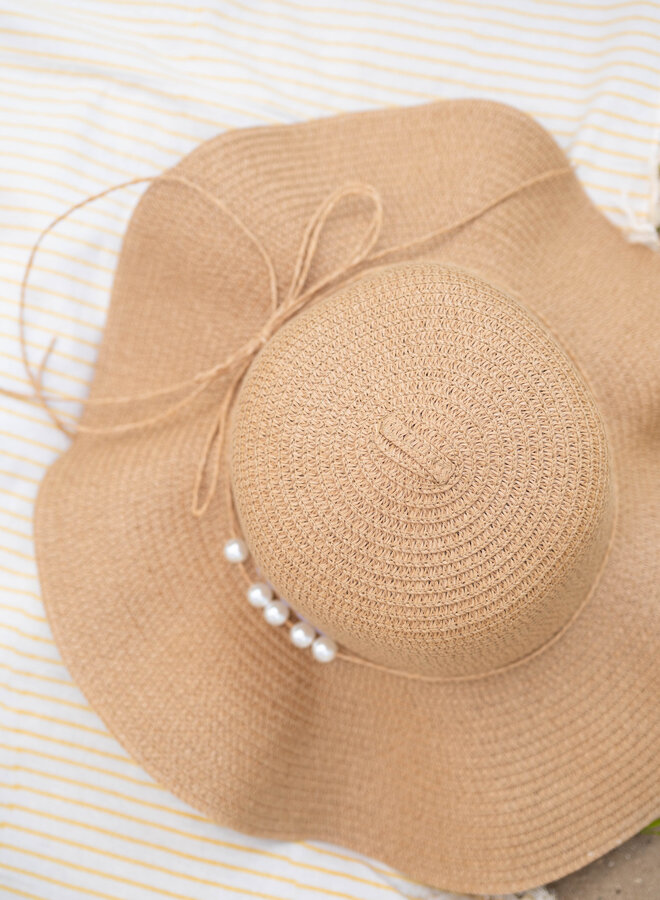 Zomer hoed met parels beige