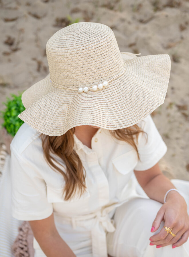 Zomer hoed met parels beige
