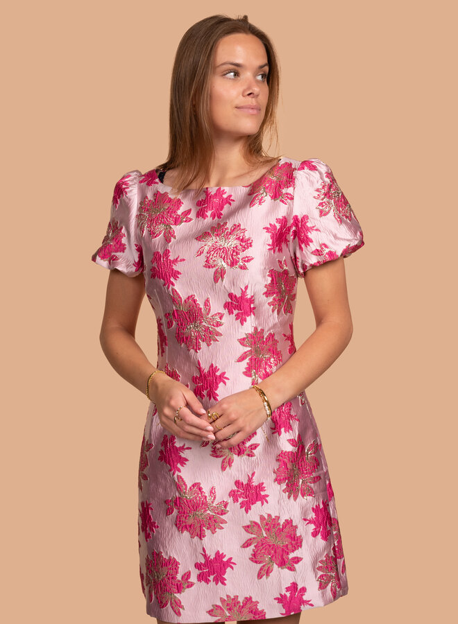 Jacquard jurk met pofmouw roze
