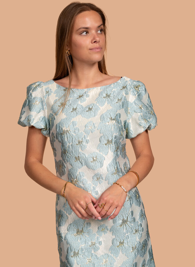Jacquard jurk met pofmouw blauw