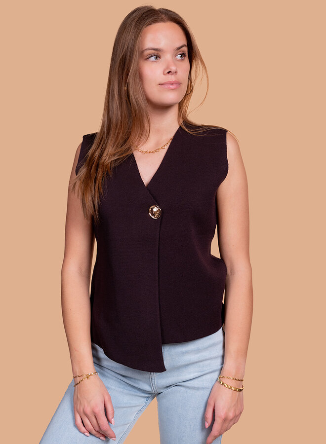Chocolade bruine gilet met gouden knoop