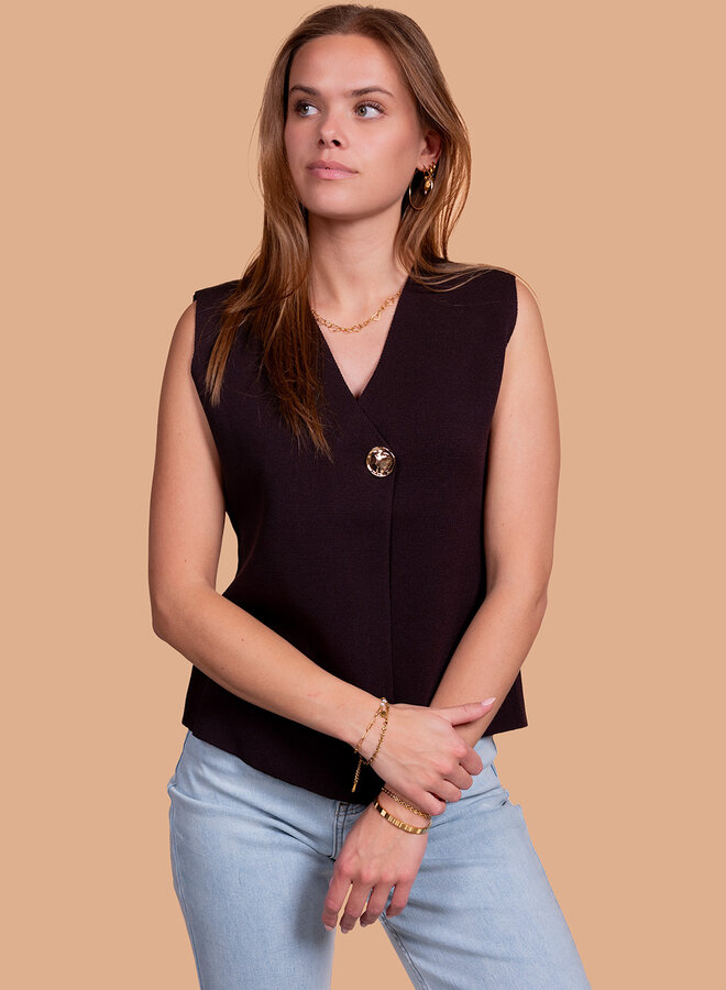 Chocolade bruine gilet met gouden knoop