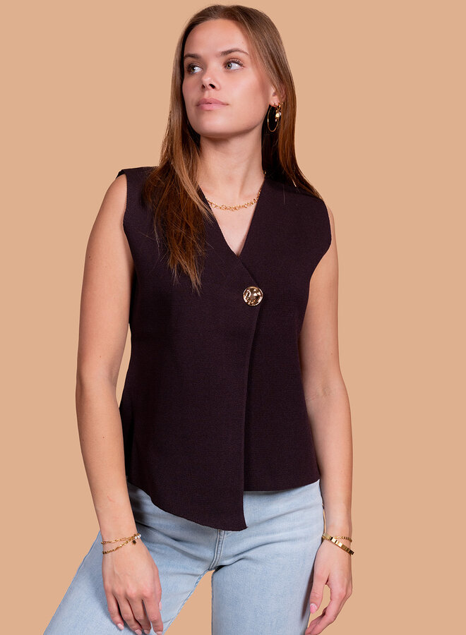 Chocolade bruine gilet met gouden knoop