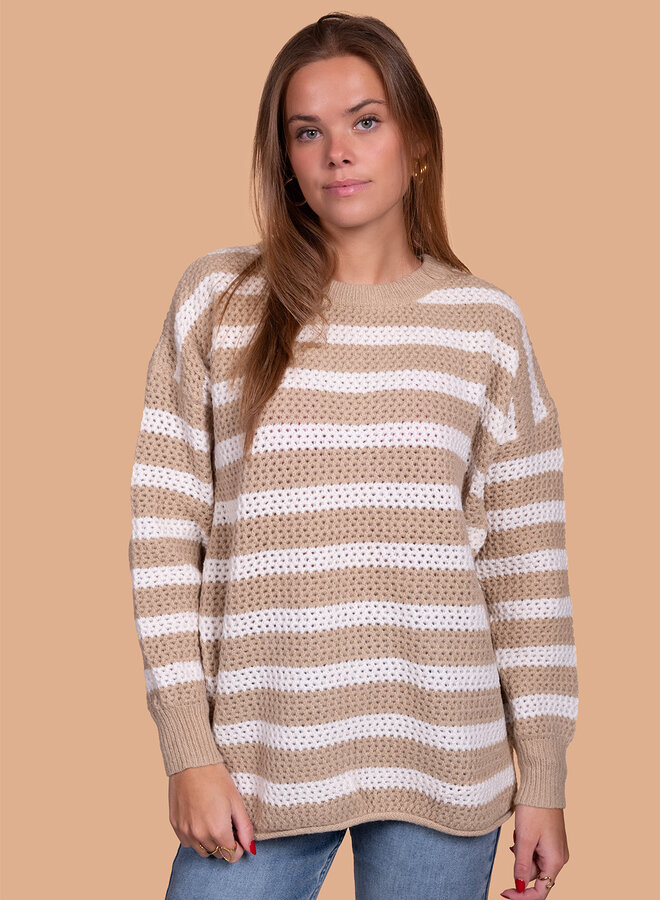 Gestreepte trui gebreid camel