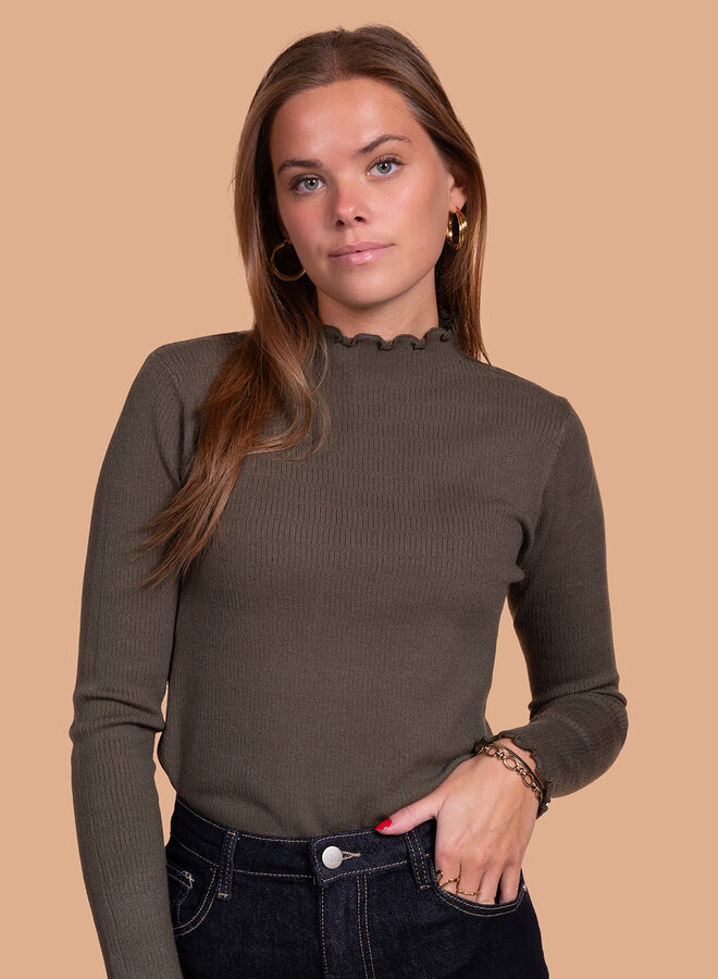 Top rib stof ruffle kraag kaki