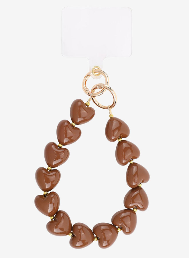 Telefoonkoord kralen hartjes bruin