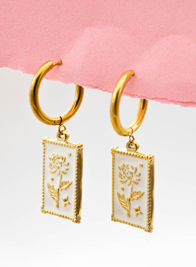 Bedel oorbellen white flower goud