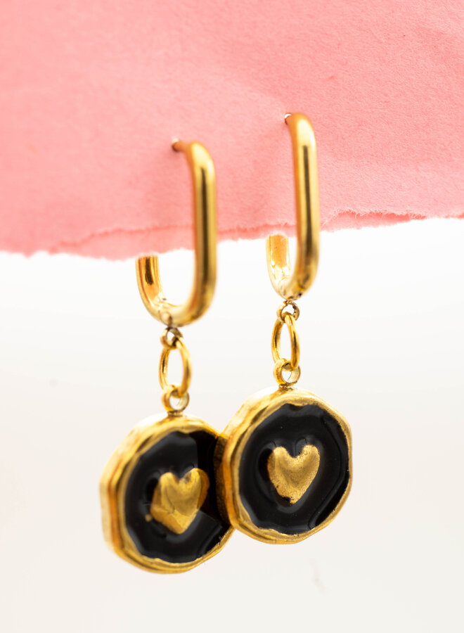 Bedel oorbellen black hearts goud