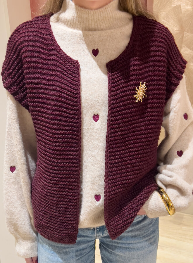 Gilet met broche bordeaux