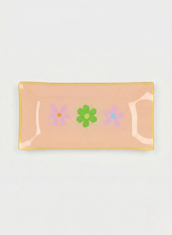 Schaal glas with bloemen beige 20x10cm