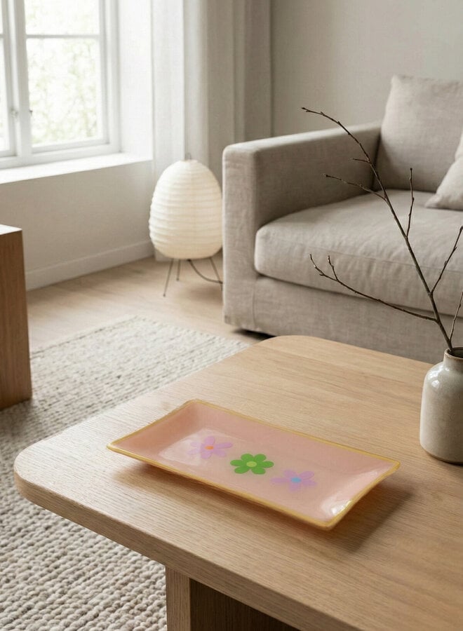 Schaal glas with bloemen beige 20x10cm