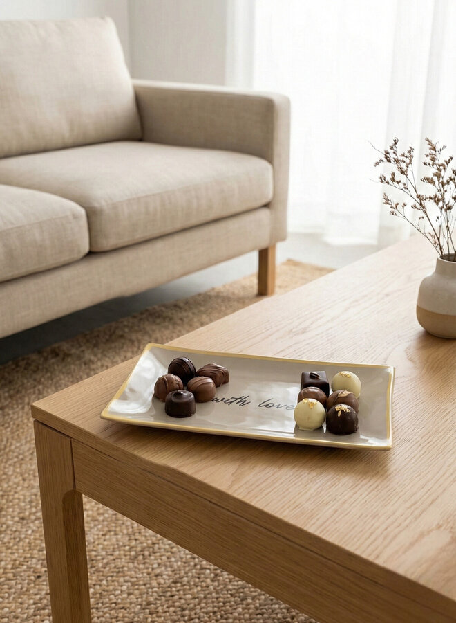 Schaal glas with love taupe 20x10cm