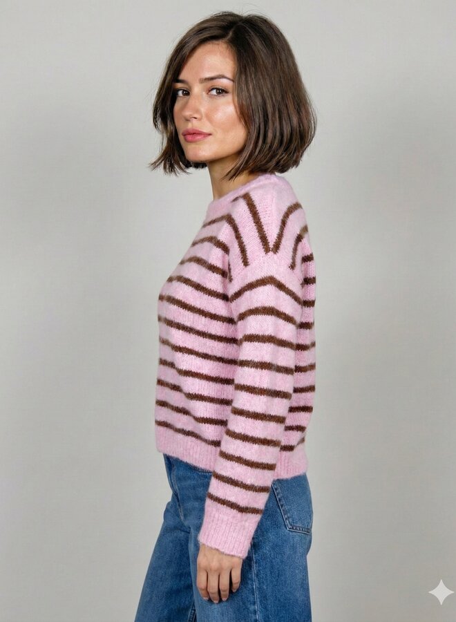 Gestreepte trui roze/chocolade