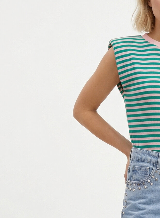 Gestreepte top schoudervulling groen roze