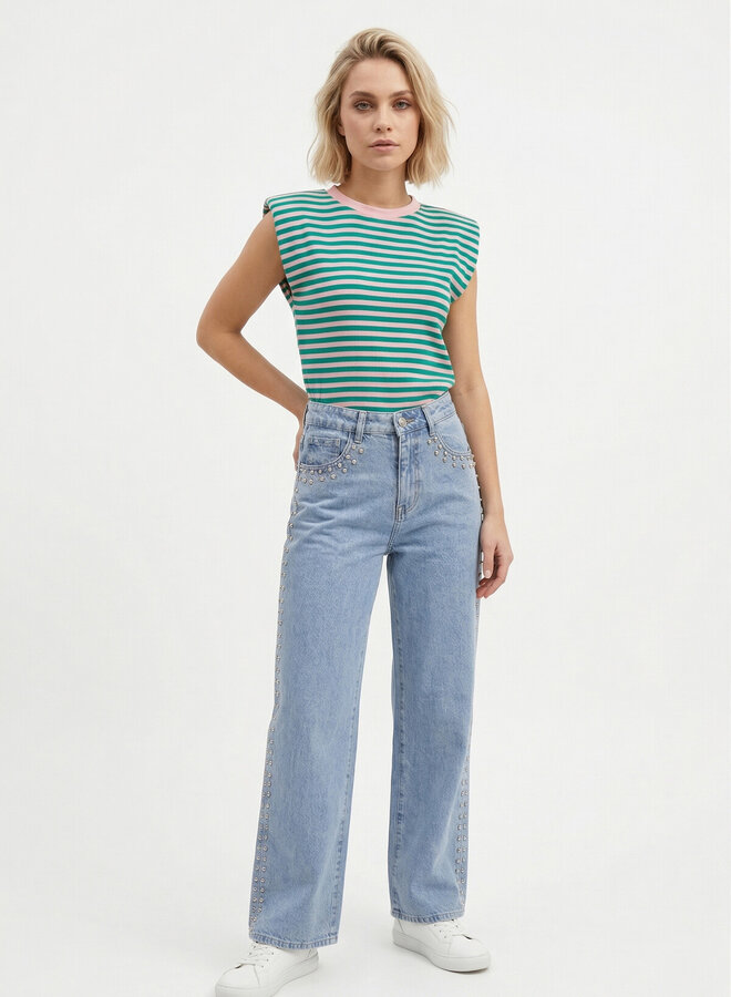 Gestreepte top schoudervulling groen roze