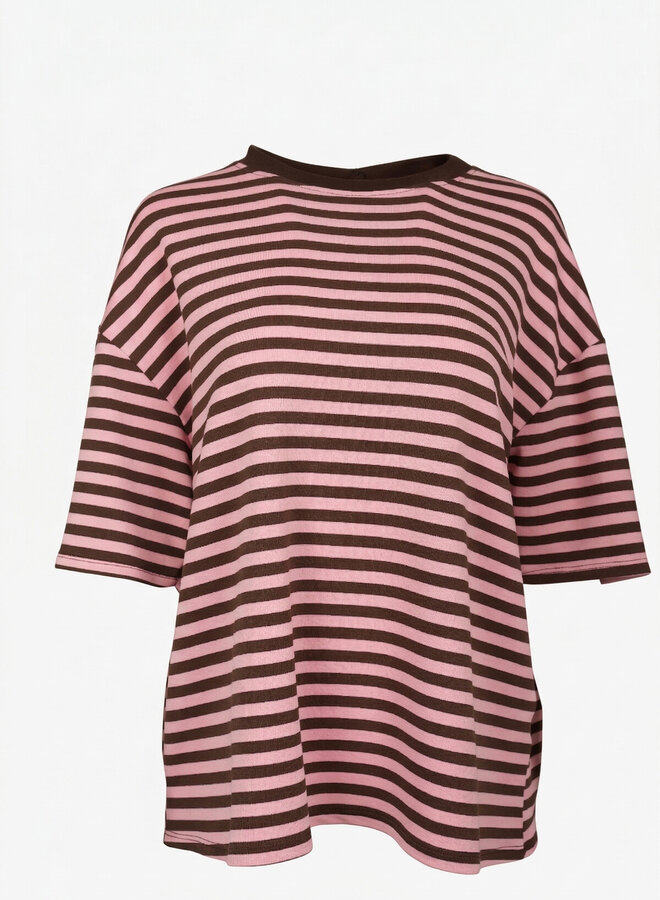 Gestreept shirt korte mouw bruin roze