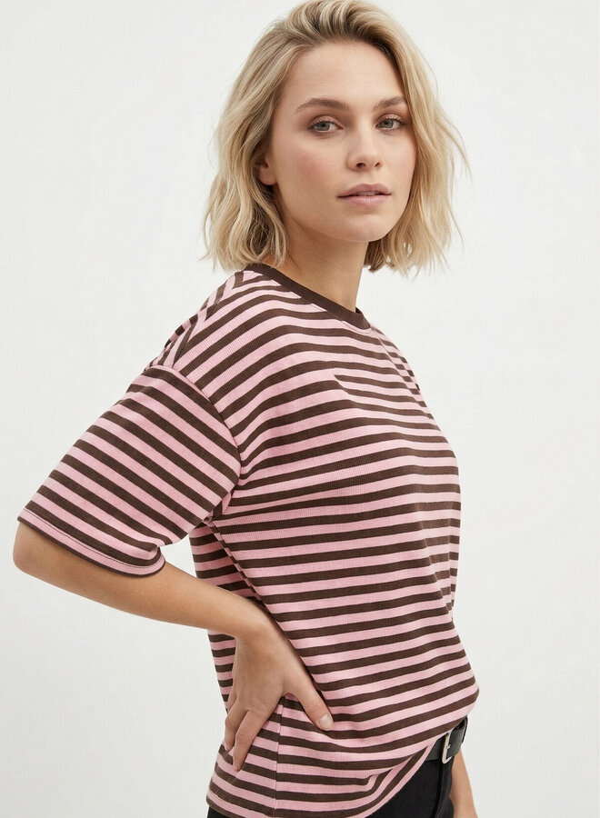 Gestreept shirt korte mouw bruin roze