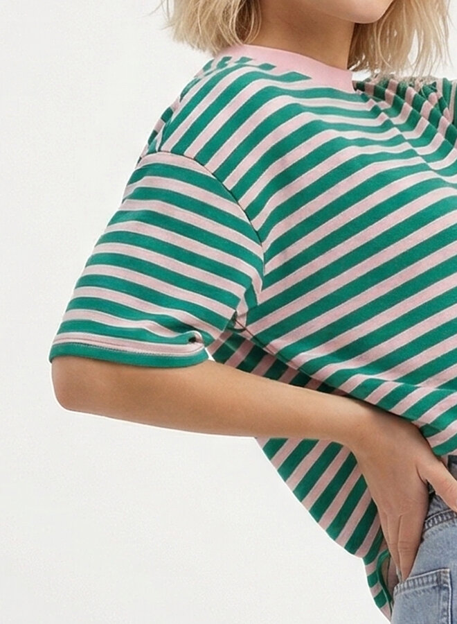 Gestreept shirt korte mouw groen roze