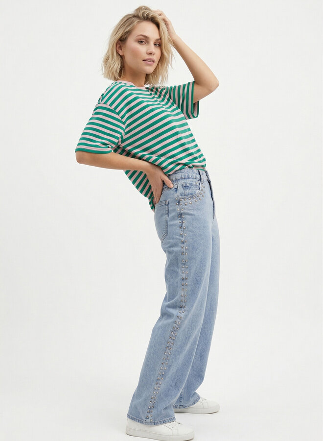 Gestreept shirt korte mouw groen roze