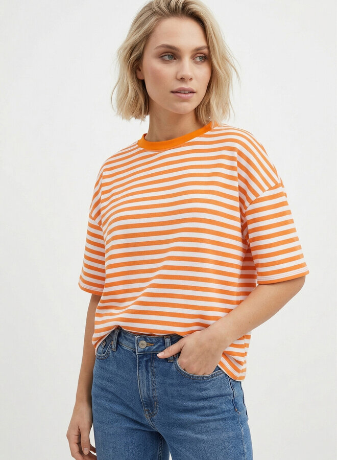 Gestreept shirt korte mouw oranje wit