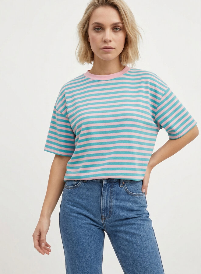 Gestreept shirt korte mouw mint roze