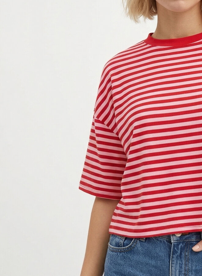 Gestreept shirt korte mouw rood roze