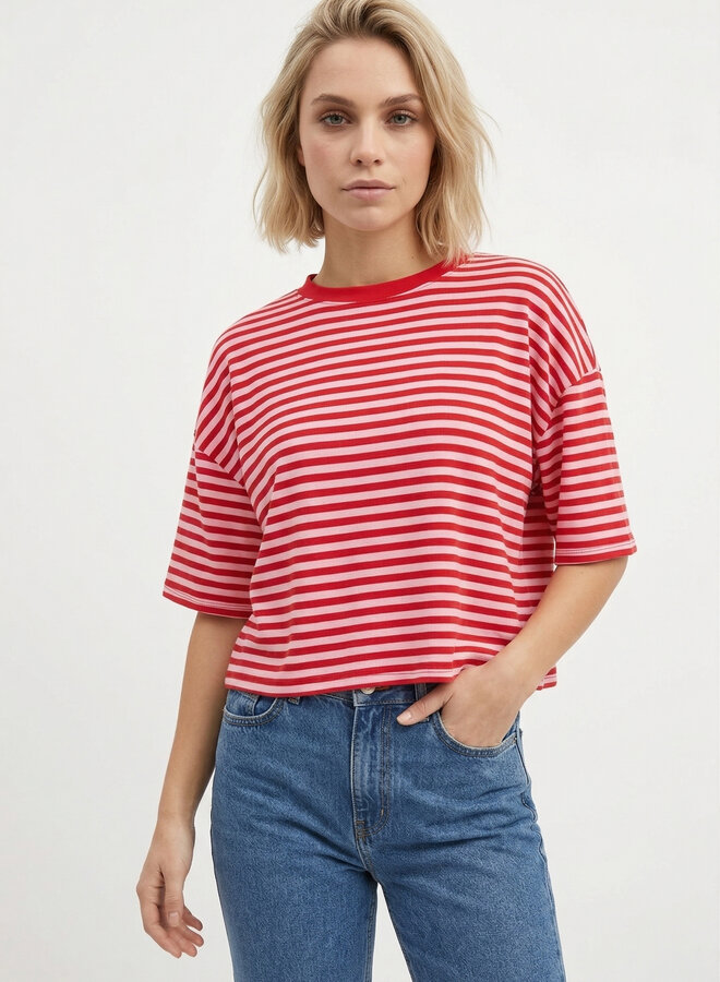 Gestreept shirt korte mouw rood roze