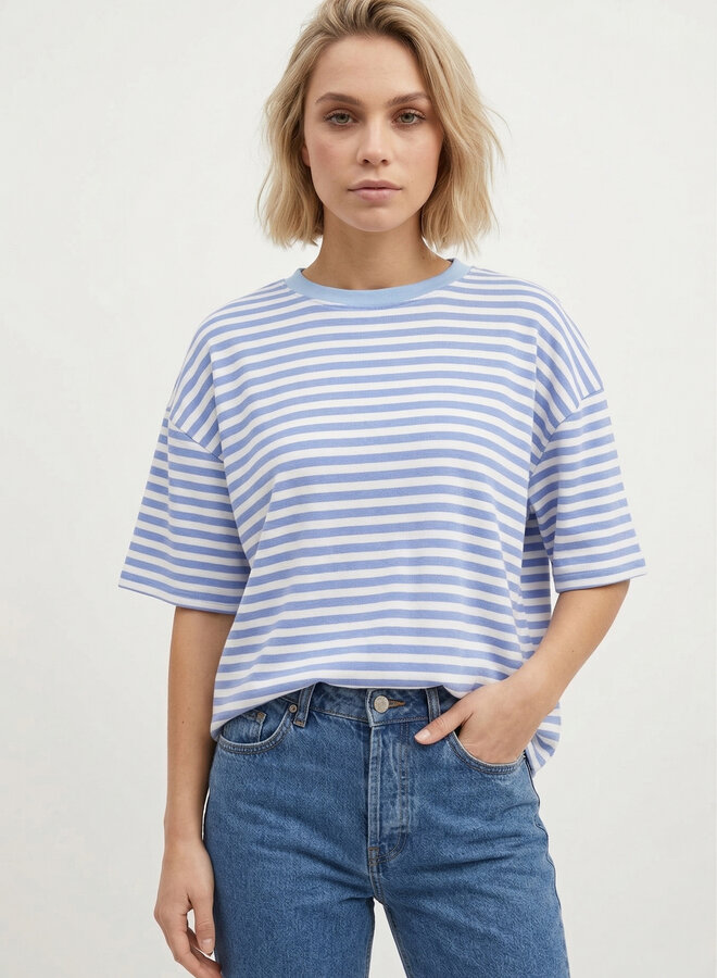 Gestreept shirt korte mouw blauw beige