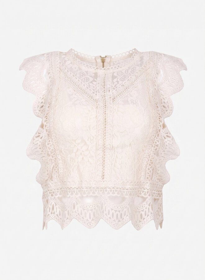 Mouwloze top broderie beige