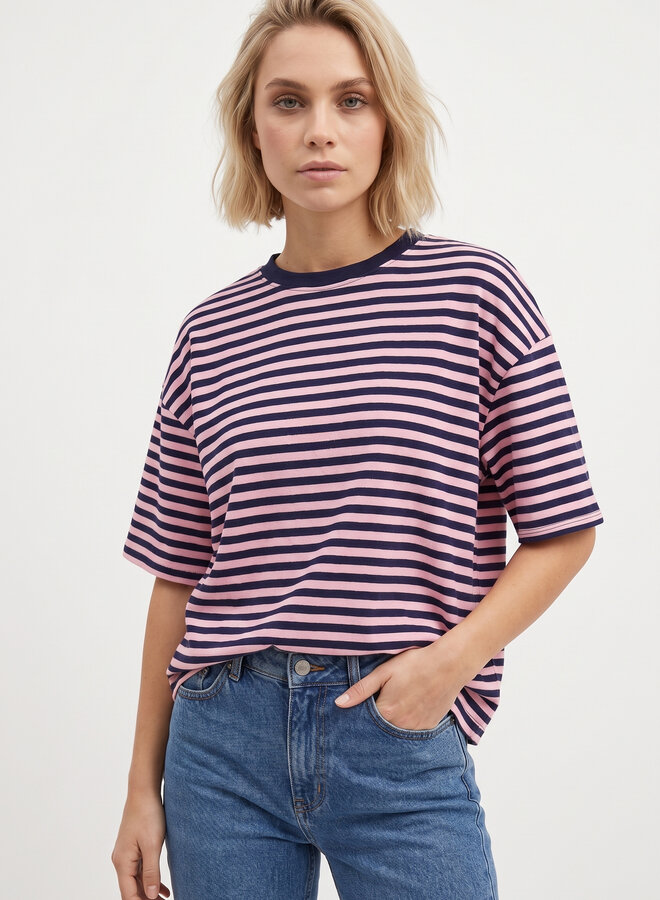 Gestreept shirt korte mouw zwart roze