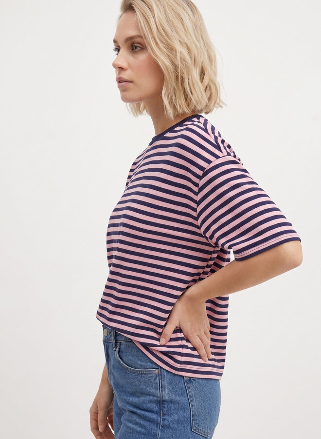 Gestreept shirt korte mouw zwart roze