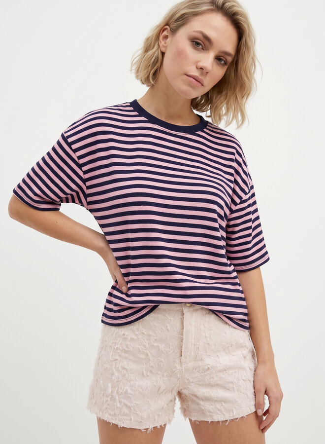 Gestreept shirt korte mouw zwart roze