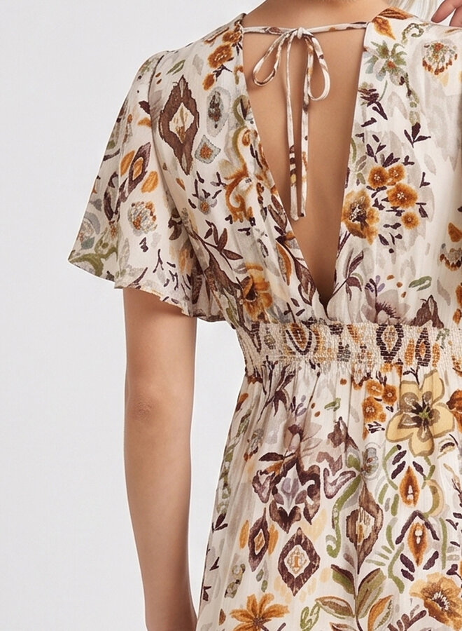 Maxi jurk met retro print bruin