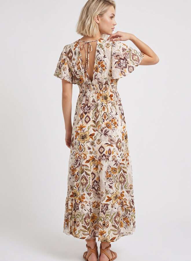 Maxi jurk met retro print bruin