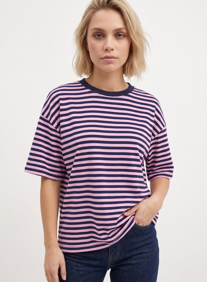 Gestreept shirt korte mouw blauw/roze