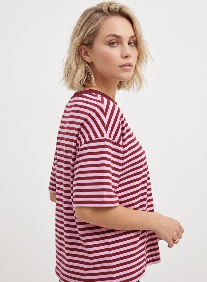 Gestreept shirt korte mouw bordeaux roze