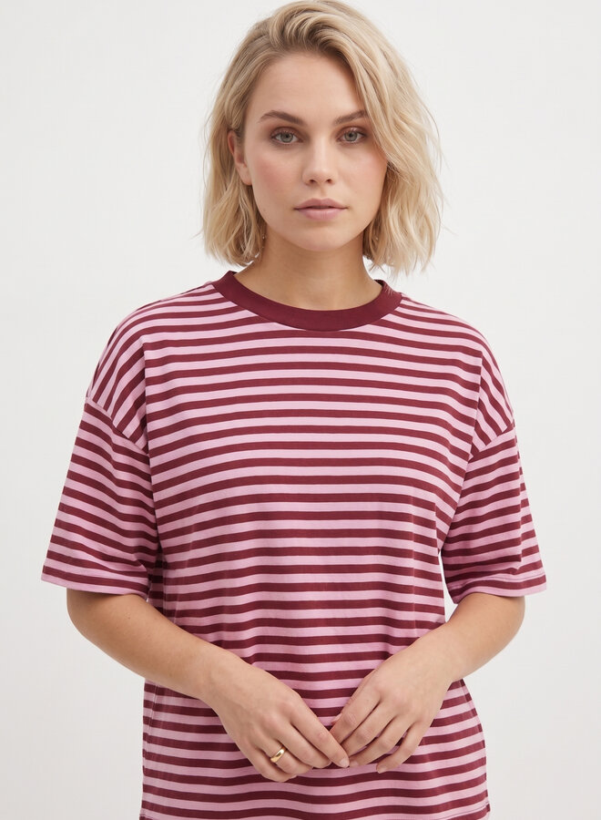 Gestreept shirt korte mouw bordeaux roze