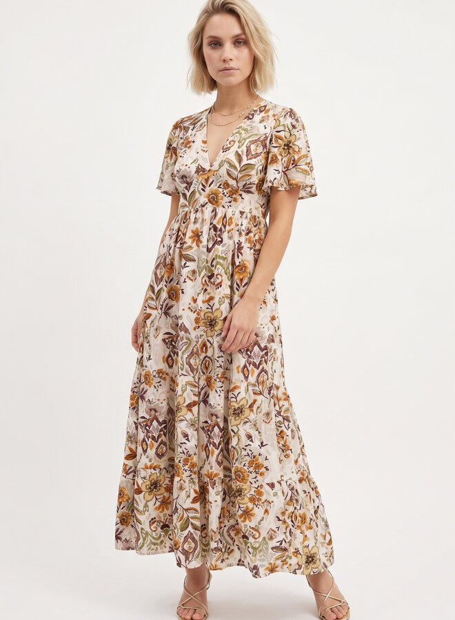 Maxi jurk met retro print bruin