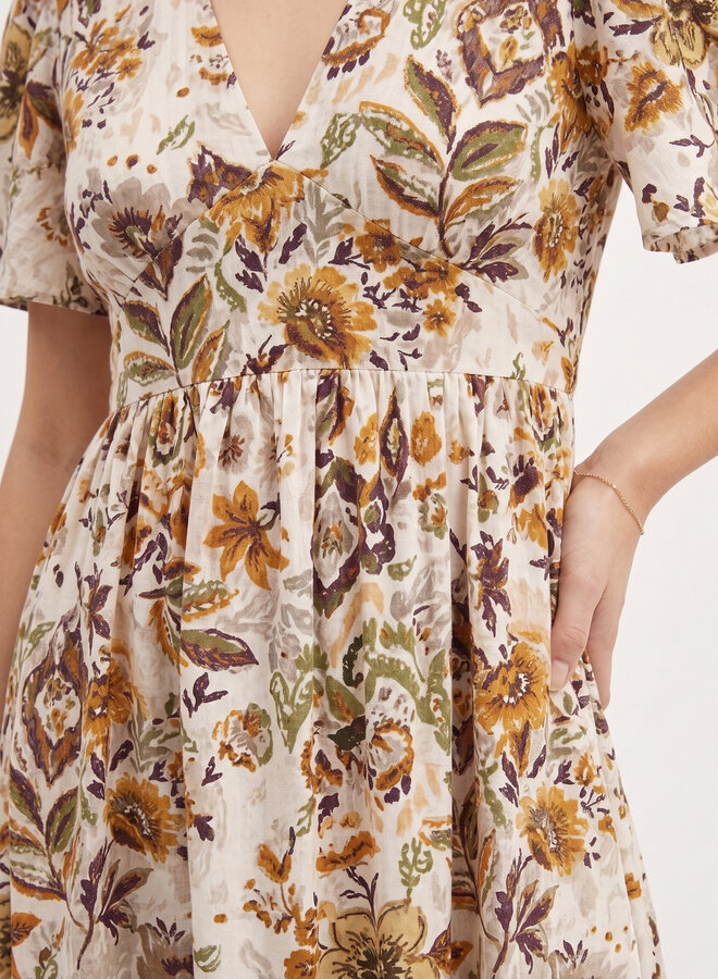 Maxi jurk met retro print bruin
