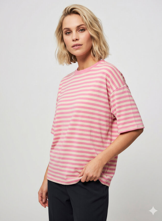 Gestreept shirt korte mouw roze/beige