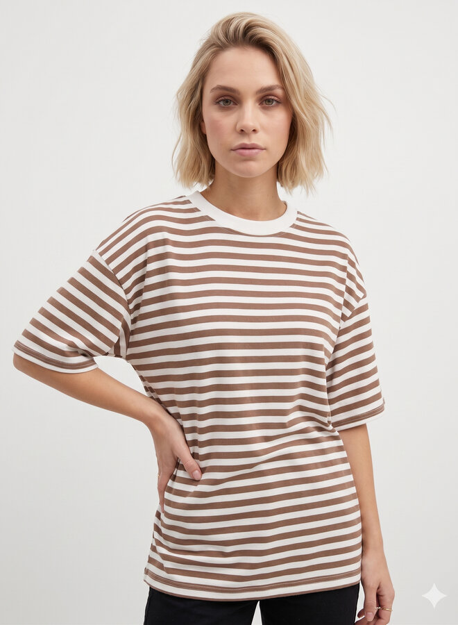Gestreept shirt korte mouw bruin/wit
