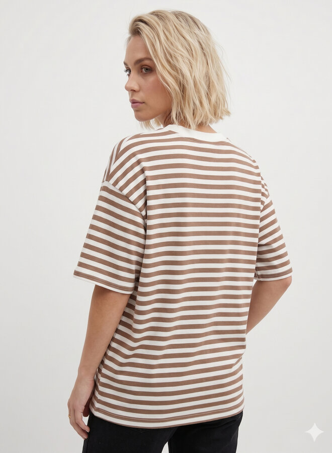 Gestreept shirt korte mouw bruin/wit